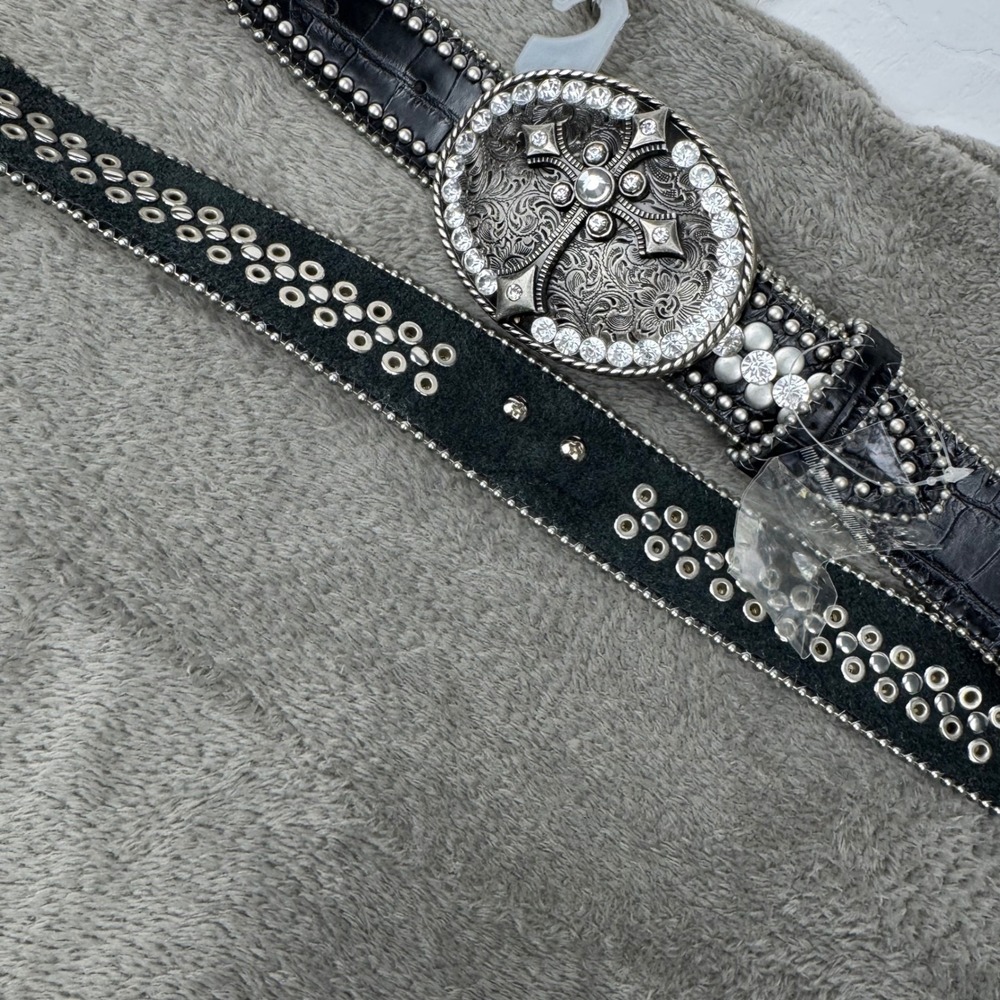 Genuine Leather Cross Buckle Belt Womens M/L Black Excellent Studded Rhinestone